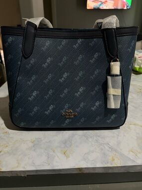 Coach Navy Signature Tote with Gold Logo
